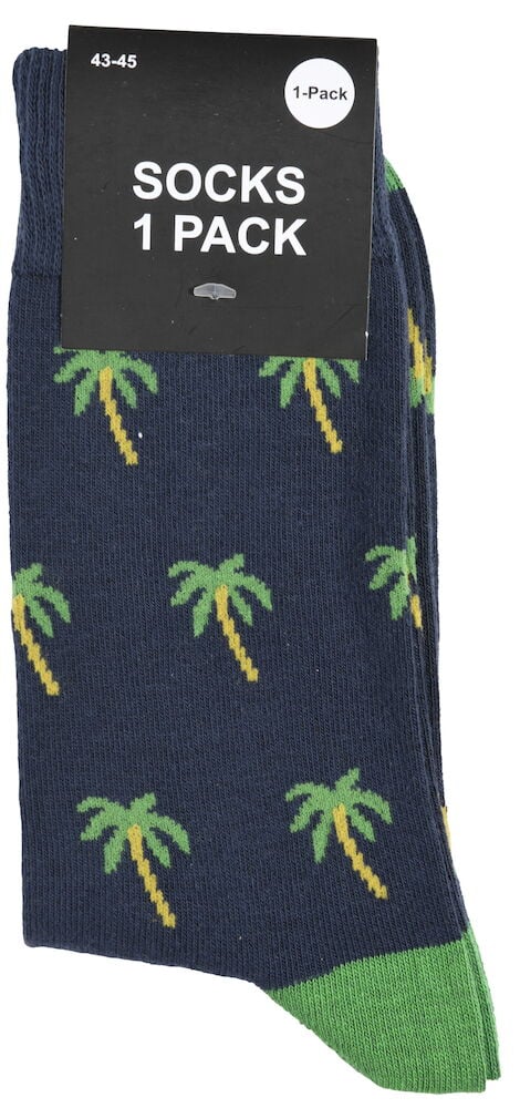 Sininen sukka, jossa on vihreitä palmuaiheita ja vihreä kärki.