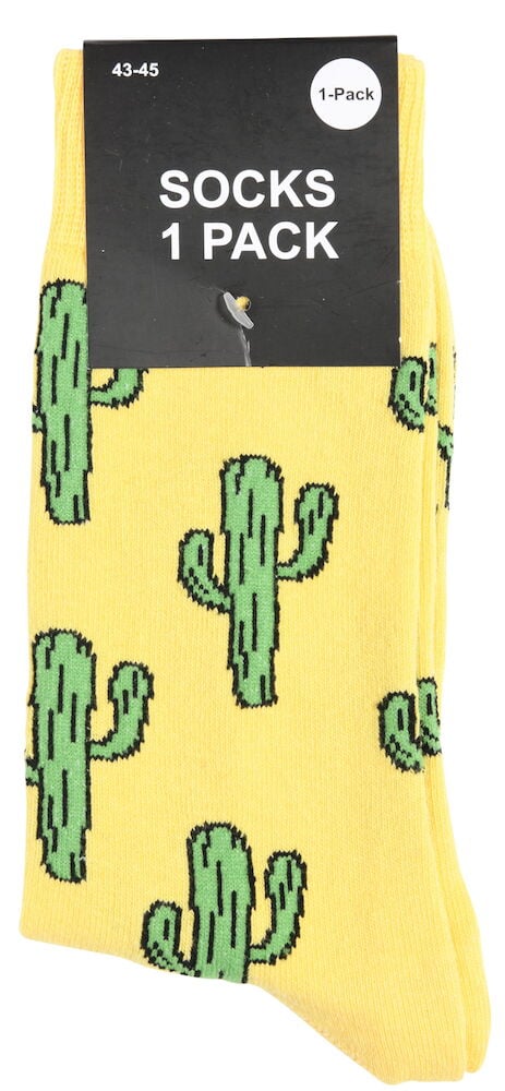 Keltaiset sukat, joissa on vihreä kaktuskuvio.