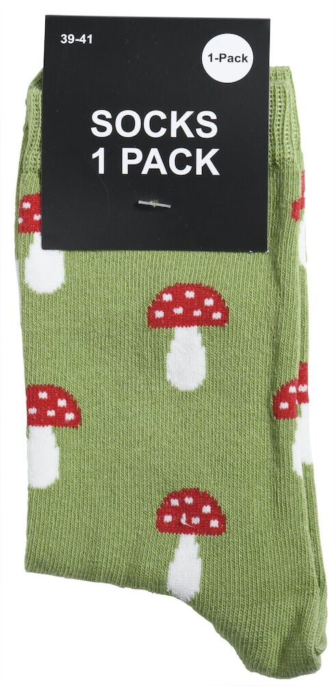 Vihreät sukat, joissa etupuolella näkyvä punavalkoinen sienikuvio.