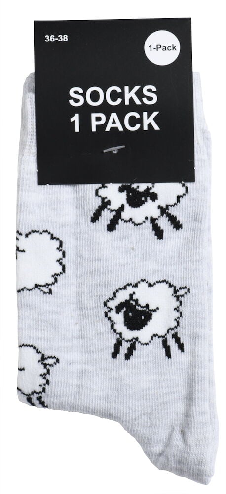 Valkoiset sukat mustalla lampaan kuvalla, pakkauksessa yhdessä pakkauksessa.