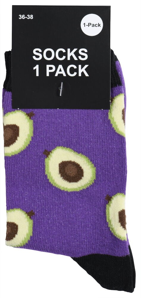 Violetti naisten sukka, jossa on avokadokuvio pakkausessa.