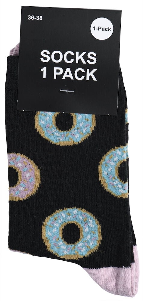 Musta sukat värikkäillä pilkullisilla donitseilla.