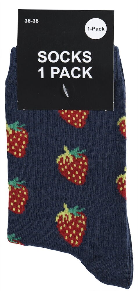 Tummansininen sukka mansikkakuviolla.