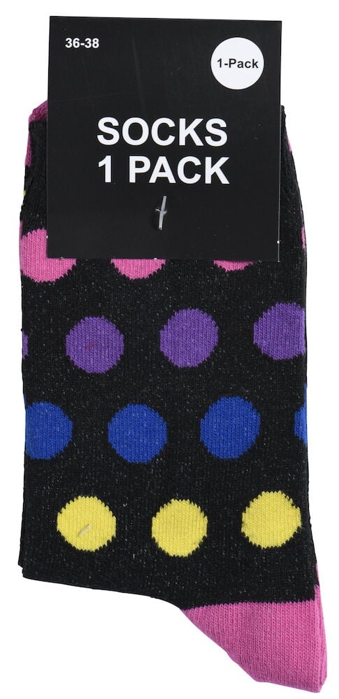 Musta sukat, joissa on värikkäitä pilkkuja ja etiketti.