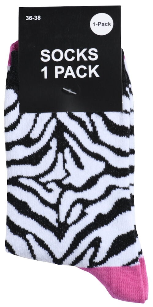 Zebrakuvioidut sukat, joissa on vaaleanpunainen kärki.