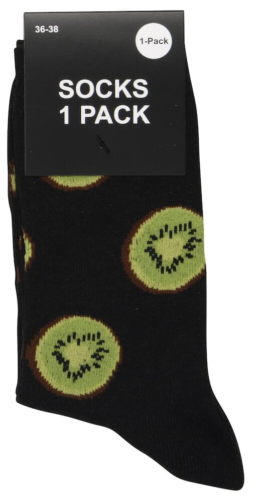 Musta sukat vihreällä kiivi-kuviolla pakkauksessa.