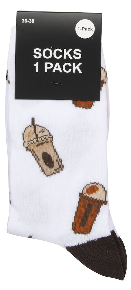 Valkoiset sukat, joissa on kahvikuviot ja tumma kärki.