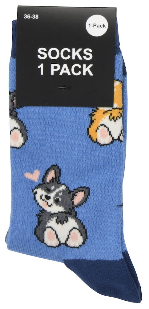 Siniset sukat sarjakuvakaneilla ja sydämellä.