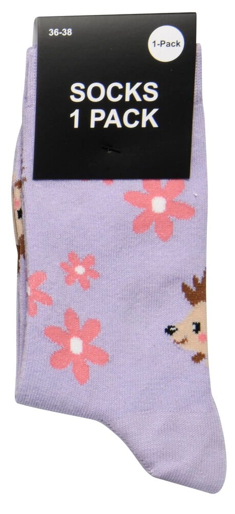 Violetti sukka, jossa on kukka- ja eläinkuvioita.