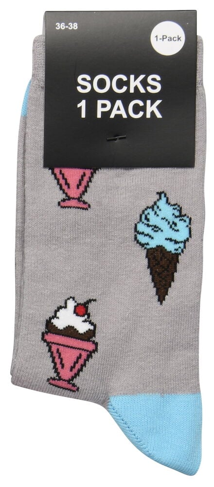 Harmaat sukat, joissa on jäätelöitä ja sinisiä yksityiskohtia.