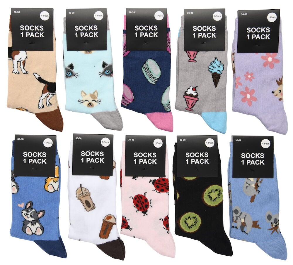 Kymmenen paria sukkia eri väreissä ja kuvioissa.