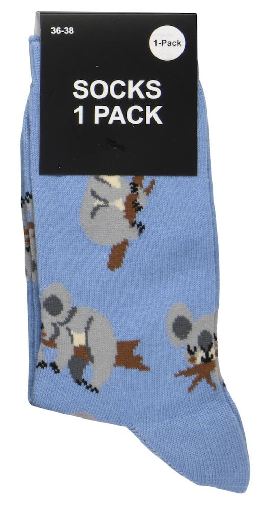 Sininen sukka harmaalla eläinkuviolla edessä.