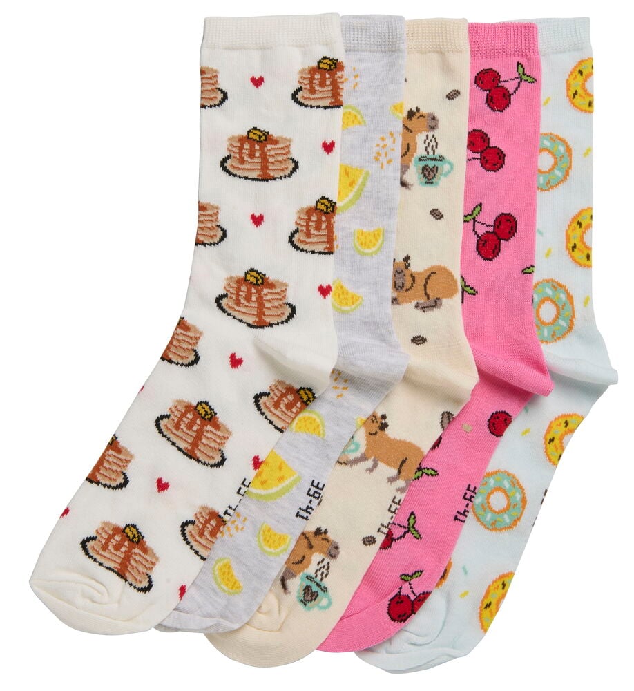 Strümpfe 1 er-Pack: Sechs Paar bunte Strümpfe mit Mustern wie Pfannkuchen, Zitronen und Capybaras.