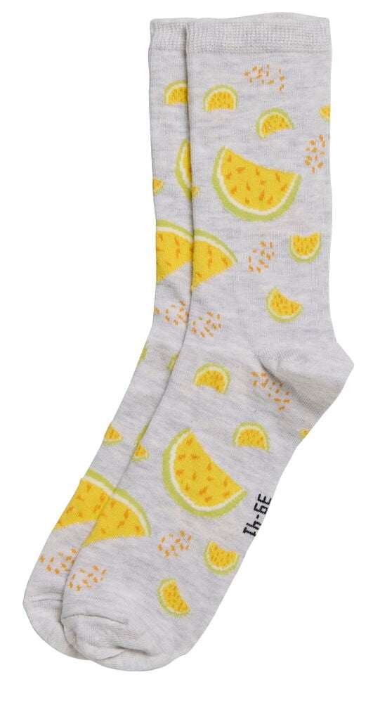 Graue Strümpfe mit gelben Wassermelonenscheiben und orangefarbenen Sprenkeln, Vorderansicht.