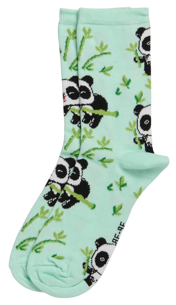 Mintgrüne Kinderstrümpfe mit schwarz-weißen Pandas und grünem Bambusmuster.