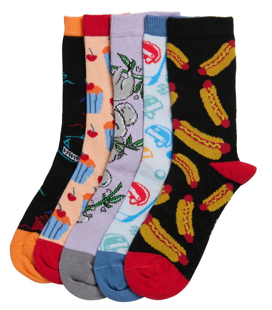 Kids 5er-Pack bunte Socken: schwarze Haie, Pfirsich Cupcake, lila Koala, hellblaue Autos und schwarze Hotdog Designs.