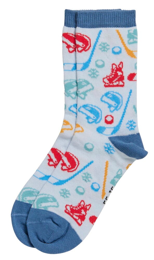 Strümpfe 1 er-Pack Verschiedene Farben: Ein Paar weiße Socken mit blauen Bündchen und Zehen, mit buntem Hockeymuster.