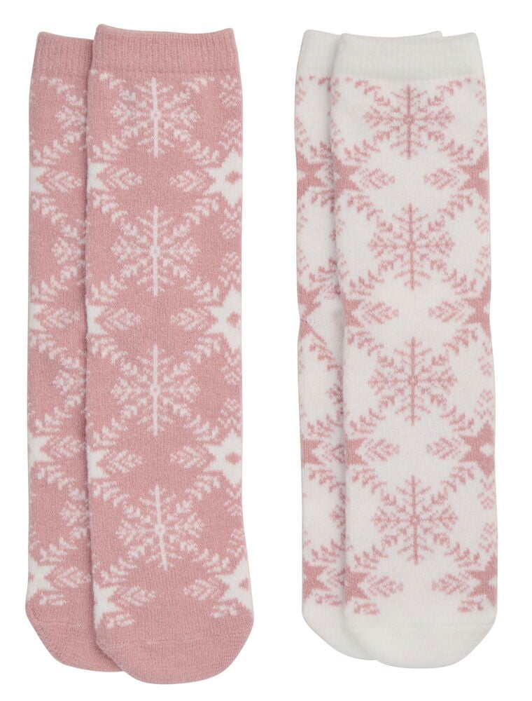 Strümpfe Snowflake: Ein Paar rosa mit weißen Schneeflocken, ein Paar weiße mit rosa Schneeflocken.