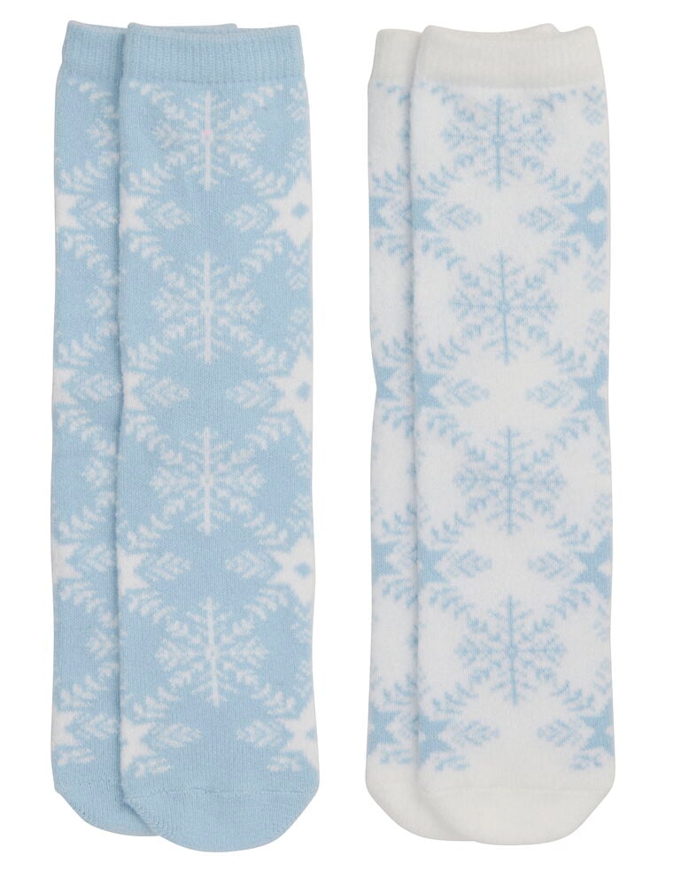 Strümpfe Snowflake Verschiedene Farben zeigt zwei Paare Schneeflocken-Socken: hellblaue mit weißen Schneeflocken und weiße mit hellblauen Schneeflocken.
