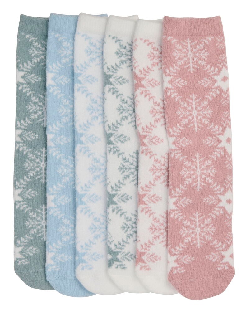 Sechs Paar Strümpfe Snowflake Verschiedene Farben in Salbeigrün, Hellblau, Weiß und Altrosa.
