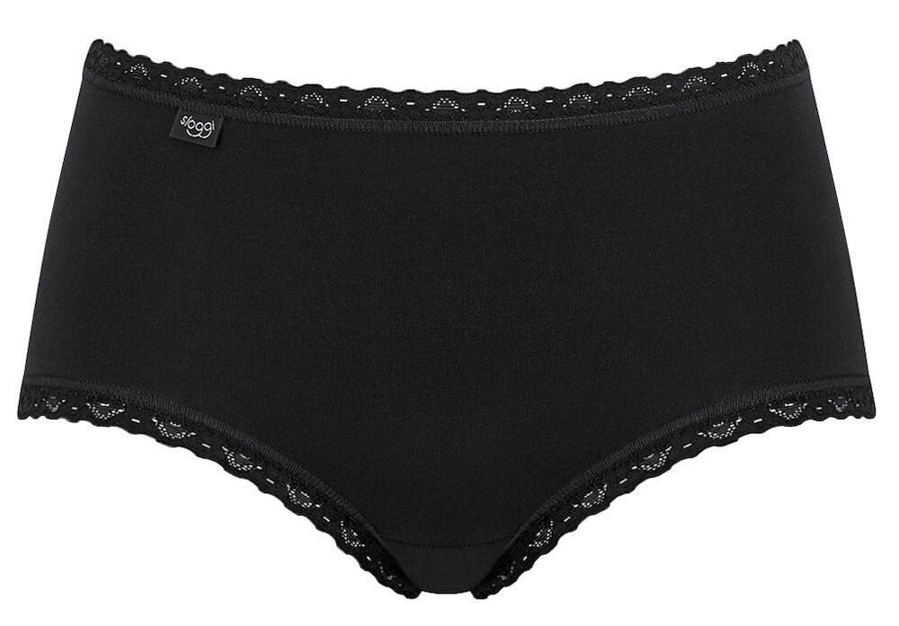 Mustat korkeavyötäröiset alushousut, joissa pitsireuna edessä.