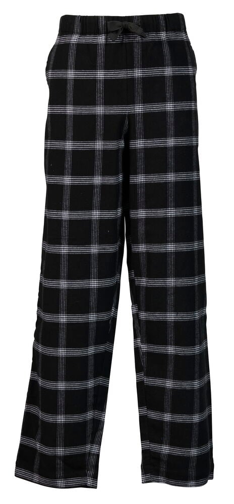 Herren-Flanellhose in schwarz-weißem Karomuster mit Kordelzug in der Taille, Vorderansicht.