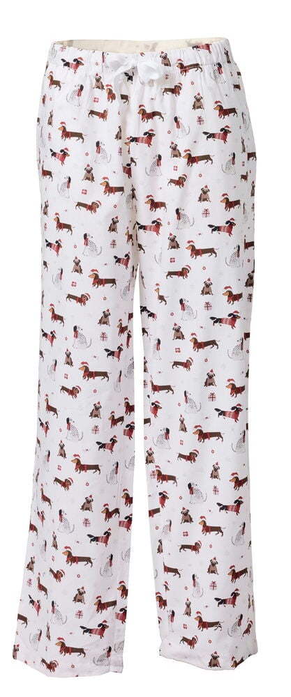 Vita flanell Pyjamasbyxor med Santa Dogs-mönster, vit dragsko i midjan, framifrån.