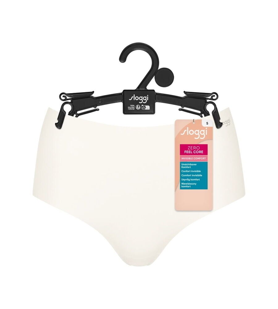 Weiße Sloggi Zero Feel Slips, Gr. S, auf einem schwarzen Bügel mit Produktetikett.