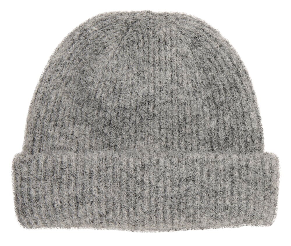 En grå stickad Mössa Vanja Blandade färger med ribbad kant, sedd framifrån.