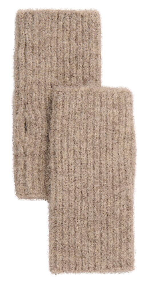 Beige ribbstickade Handledsvärmare Vanja, fingerlösa handskar med tumhål.
