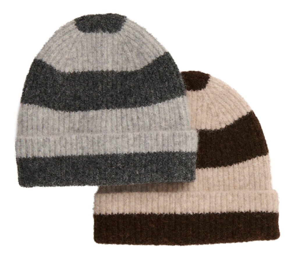 Mössa Stripe Blandade färger: en grå och mörkgrå randig stickad mössa, samt en beige och brun randig stickad mössa.