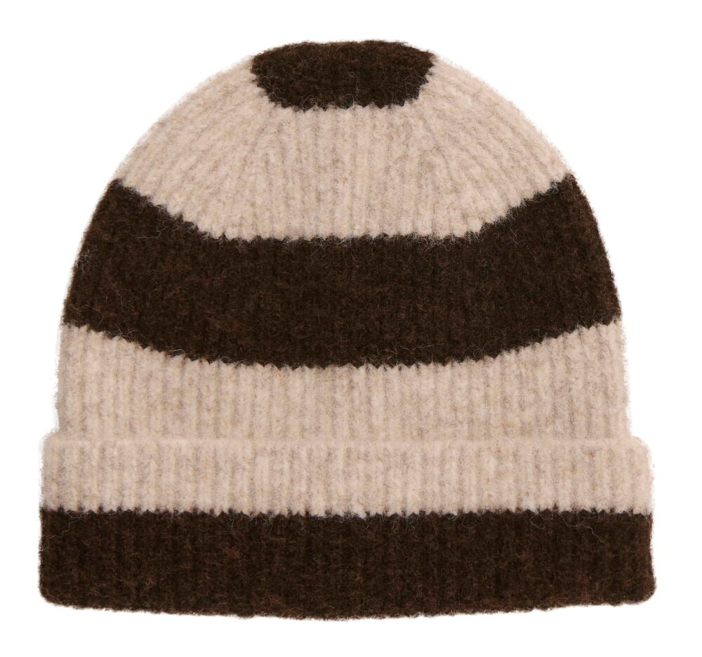 Mössa Stripe Blandade färger: En beige och mörkbrun randig stickad mössa med ribbad kant, visas framifrån.