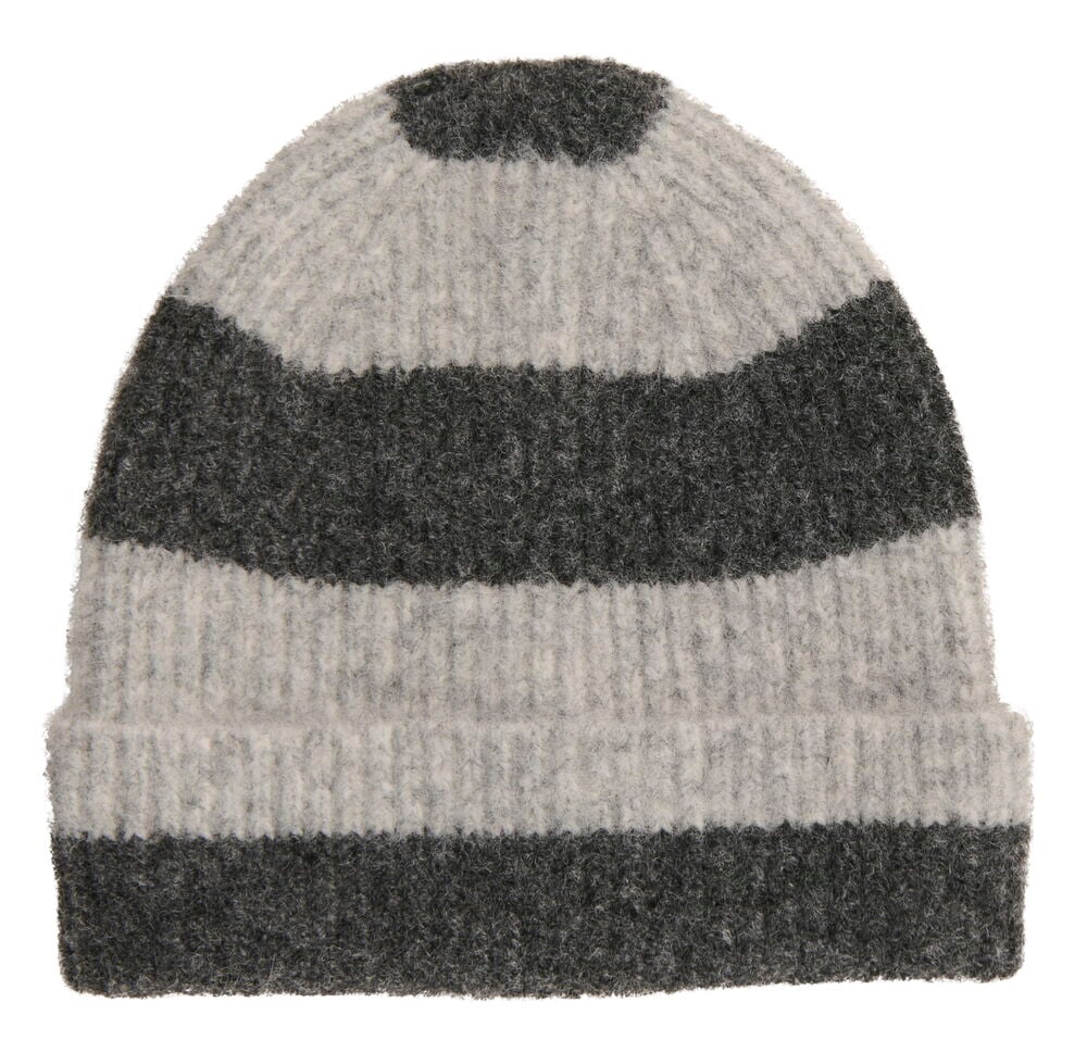 Mössa Stripe Blandade färger, en ljusgrå och mörkgrå randig stickad mössa, framifrån.