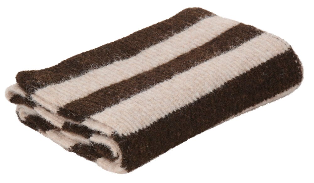 Vikt Halsduk Stripe i bruna och naturvita ränder, med mjuk, luddig textur.