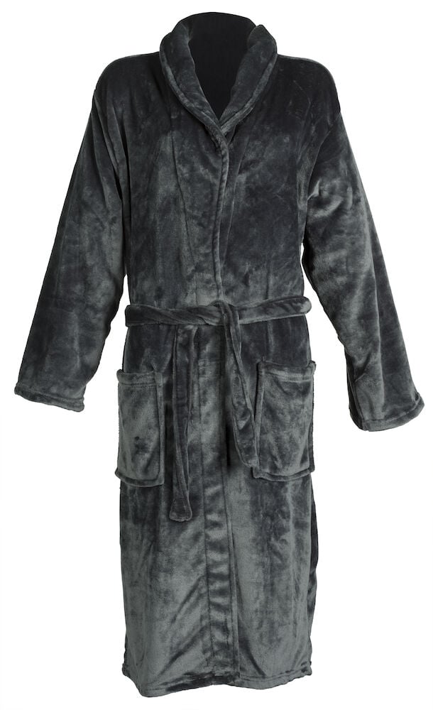 Pehmeä harmaa polyesterinen kylpytakki taskuilla.