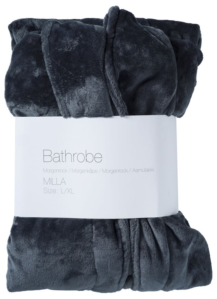 En vikt grå morgonrock i mjuk polyester.