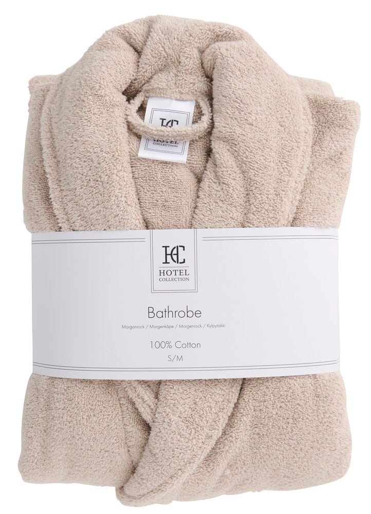 Beige bomull Morgonrock Hotel Collection, vikt och förpackad med vitt band som visar produktdetaljer.