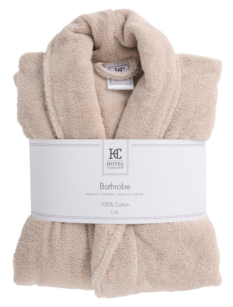 Vikt beige bomulls Morgonrock Hotel Collection med vitt etikettband.