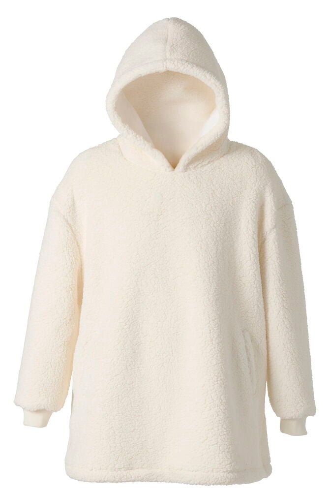 Framsida av en off-white oversized teddy hoodie i polyester, med huva och sidfickor.