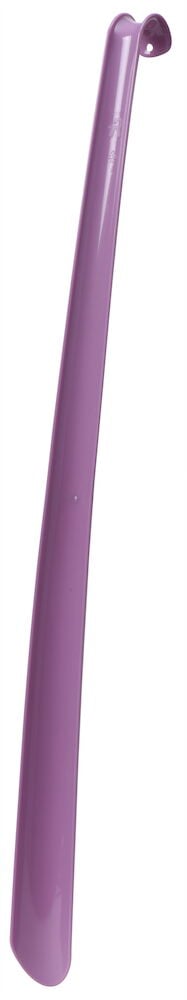 Långt lila skohorn i plast med böjd ände.