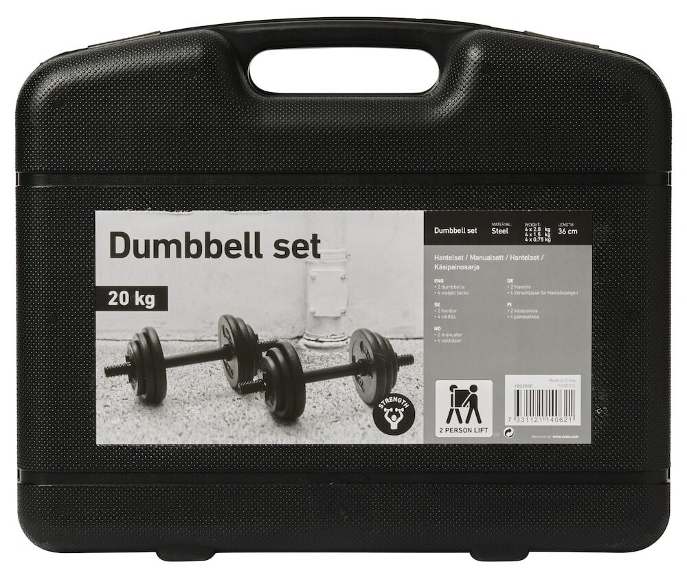 Svart plastväska med etikett för hantelset 20 kg.