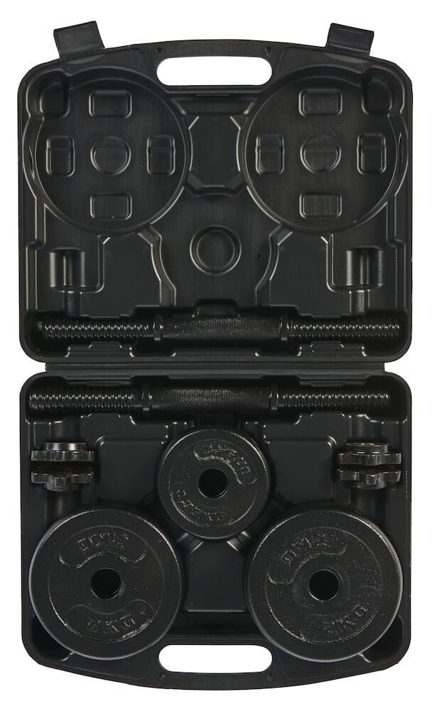 Svart förvaringsväska med hantlar och viktskivor.