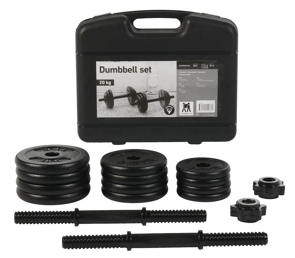 Svart hantelset med vikter och två hantelstänger.