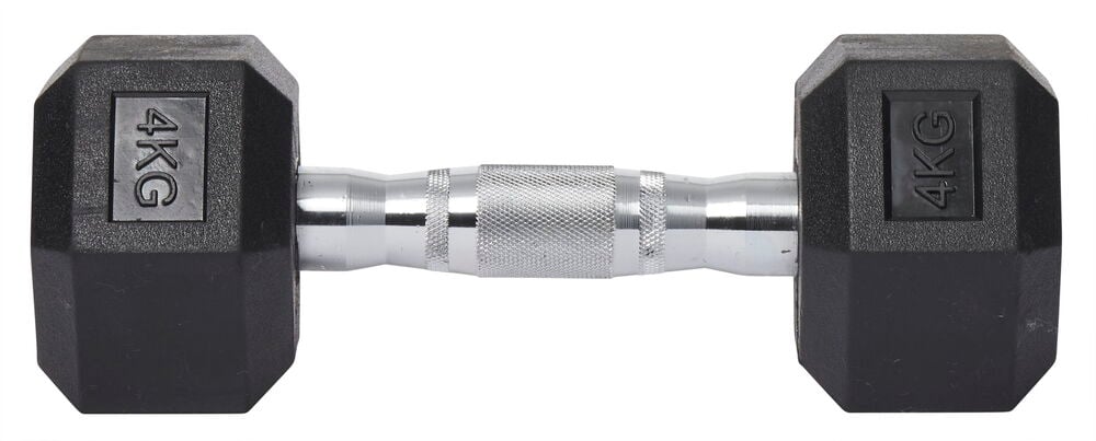 Svart hexhantel i gummi med silverhandtag 4 kg.