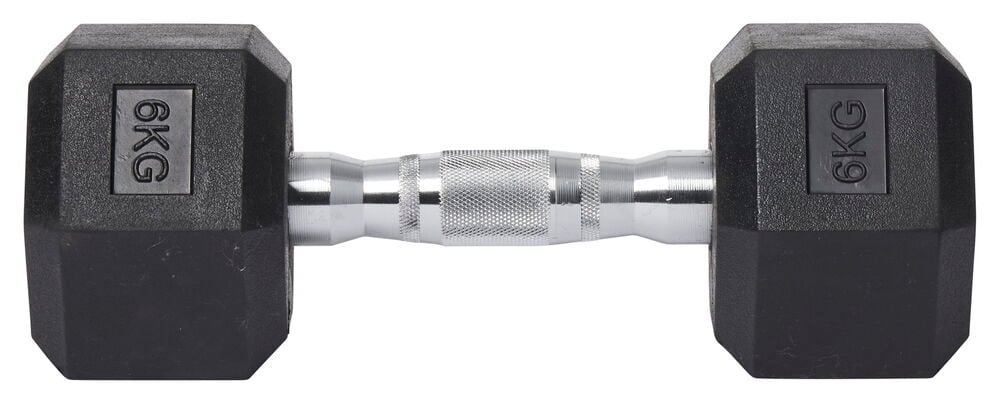 Sexkantig svart hantel med stålskaft, sex kilo.