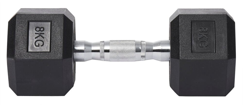 Sexkantig hantel åtta kilo med stålhantag.