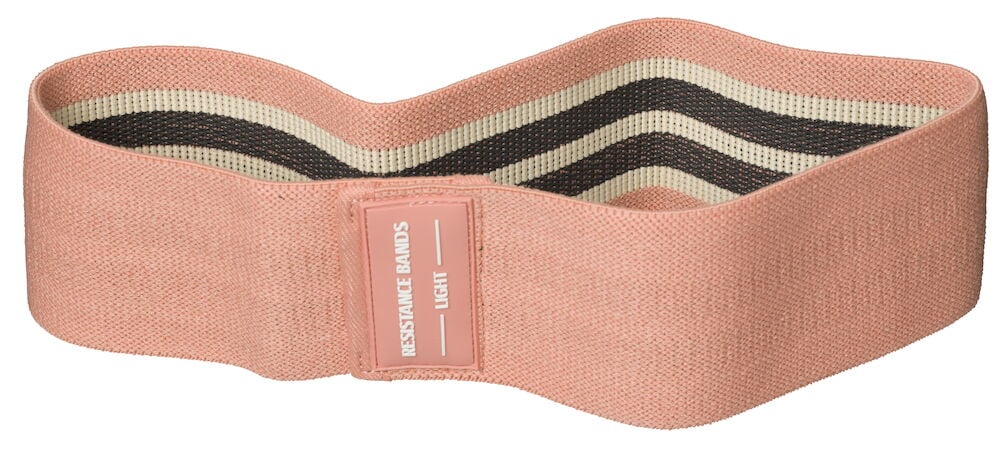 Rosa träningsband i textil med etikett.