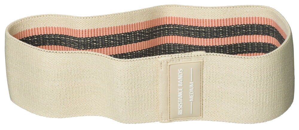 Beige träningsband i textil med etikett.