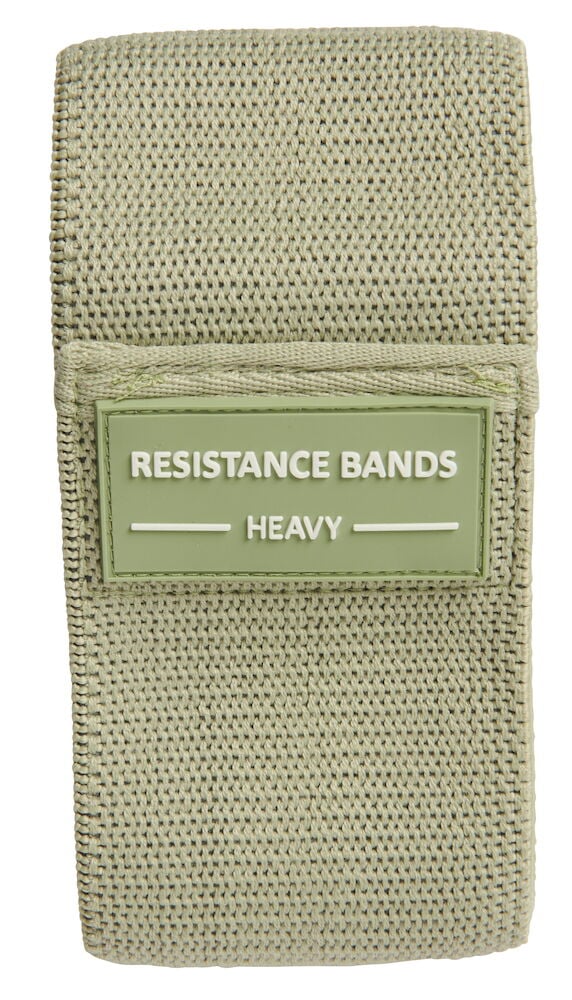 Grönt träningsband i textil med etikett.