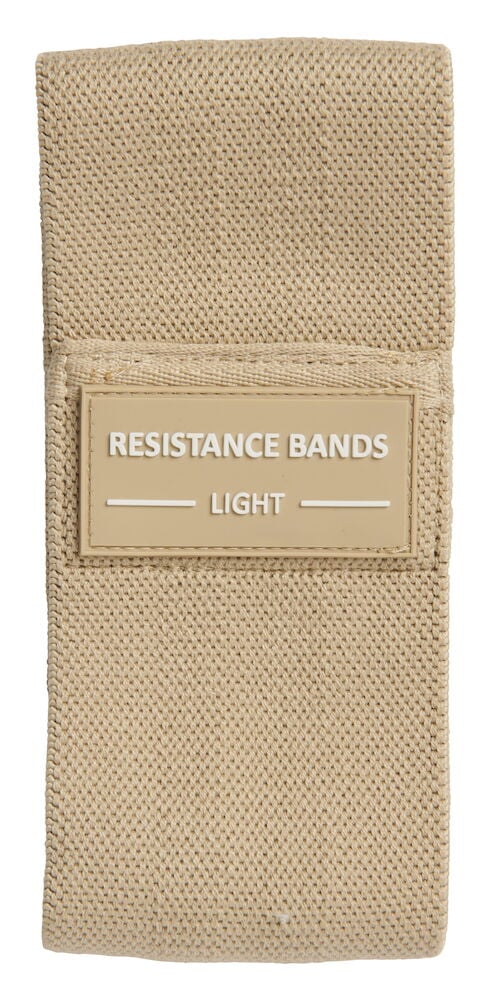 Beige textil träningsband med etikett resistance bands light.
